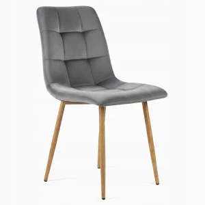 Krzesło Welurowe Tapicerowane Szare Velvet Brązowe Nogi Skandynawskie