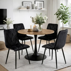 STÓŁ OKRĄGŁY LOFT NOWOCZESNY + 4 KRZESŁA WELUROWE CZARNE DO SALONU