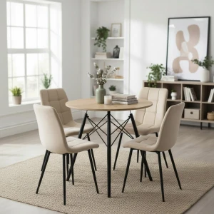 Stół Okrągły 80cm LOFT + 4 Krzesła Welurowe Tapicerowane Beżowe Do Salonu