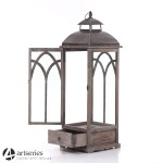 Drewniany, duży lampion stylowy z szybkami oraz szufladką 94480d