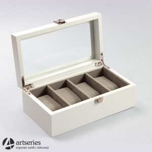 Biała szkatułka na zegarki oraz bransoletki 84989 wnętrze szare